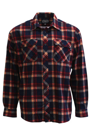 The Milton Open Front Flannelette Shirt is a long-sleeve, button-up shirt in red, navy blue, and white plaid with double chest pockets and buttoned flaps.