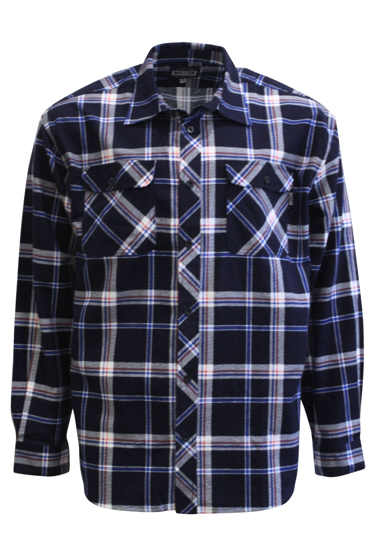 The Milton Open Front Flannelette Shirt features extra-long tails, two button-flap chest pockets, and a navy blue, white, and red plaid pattern.