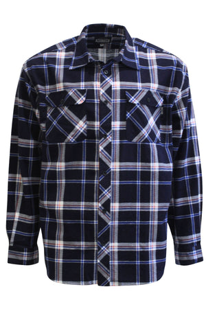 The Milton Open Front Flannelette Shirt features extra-long tails, two button-flap chest pockets, and a navy blue, white, and red plaid pattern.