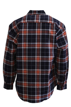 The Milton Open Front Flannelette Shirt features long sleeves, a button-up design, and a navy blue, red, and white plaid pattern in high-quality cotton. Shown from the back.