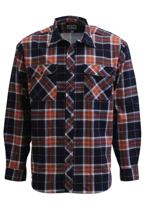 The Milton Open Front Flannelette Shirt is a long-sleeve made from high-quality cotton, featuring a navy, white, and red plaid pattern, double chest pockets with button flaps, and a classic collar.