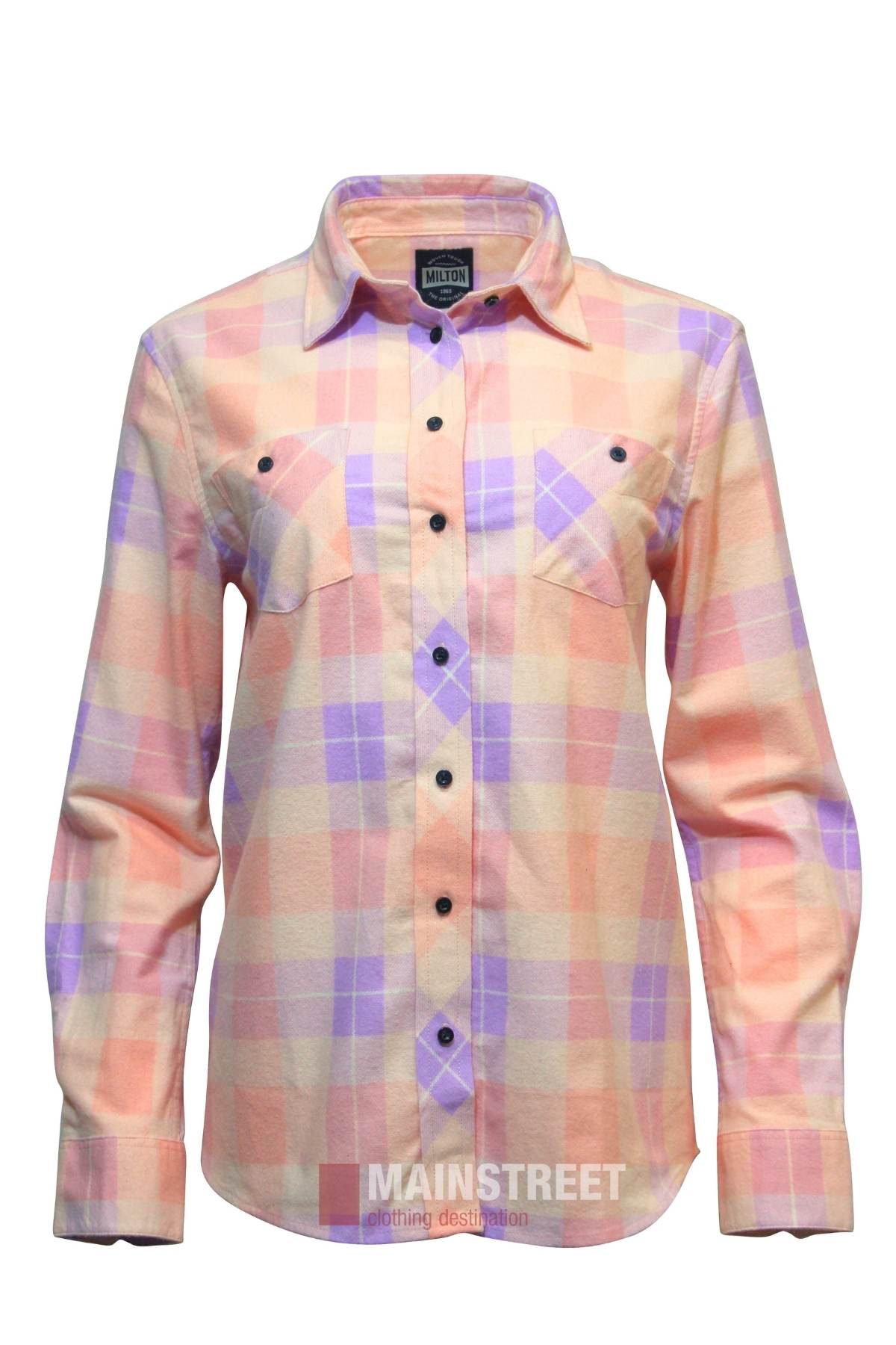 The Milton Ladies Flannelette Shirts feature a pastel plaid in peach, pink, and light purple tones, crafted from high-quality cotton with two chest pockets, black buttons, and a ladies' long-sleeve button-up design.