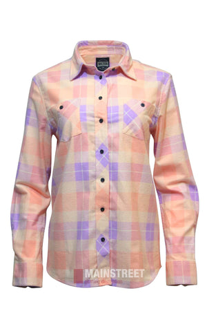 The Milton Ladies Flannelette Shirts feature a pastel plaid in peach, pink, and light purple tones, crafted from high-quality cotton with two chest pockets, black buttons, and a ladies' long-sleeve button-up design.