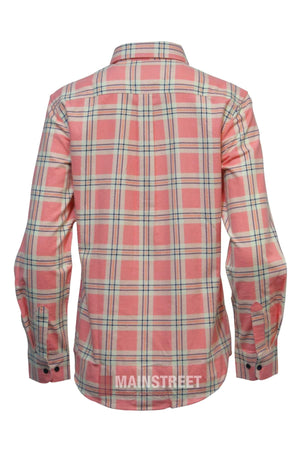 The Milton Ladies Flannelette Shirt, shown from the back, features long sleeves, button cuffs, and a pink, white, and blue plaid pattern. Made from premium cotton with "MAINSTREET" printed near the bottom hem.