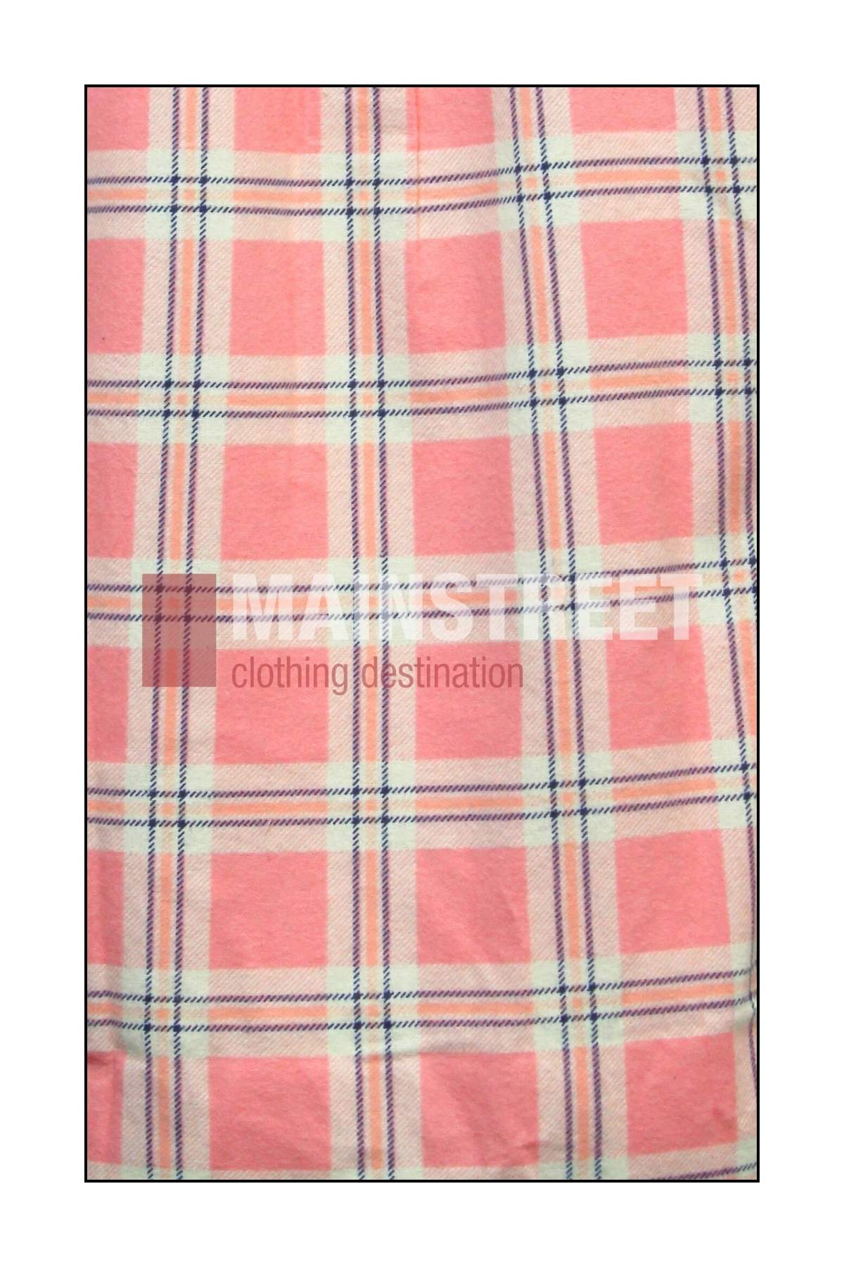 Milton Ladies Flannelette Shirts feature pink and white plaid with thin blue and black lines in a checkered pattern. Made from high-quality cotton, the fabric includes subtle "MAIN STREET clothing destination" branding in the background.