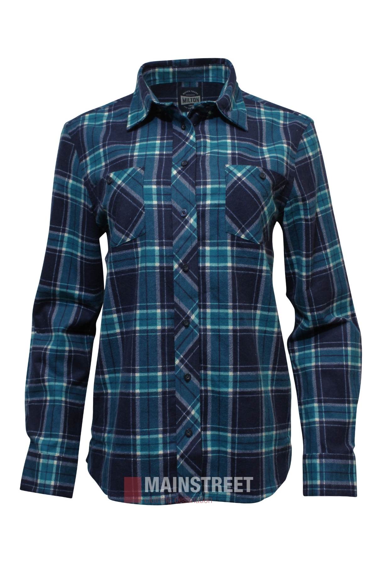 The Milton Ladies Flannelette Shirt is a long-sleeve, button-up shirt made from high quality cotton, featuring a teal, navy, and white plaid pattern, two chest pockets, and a collar.