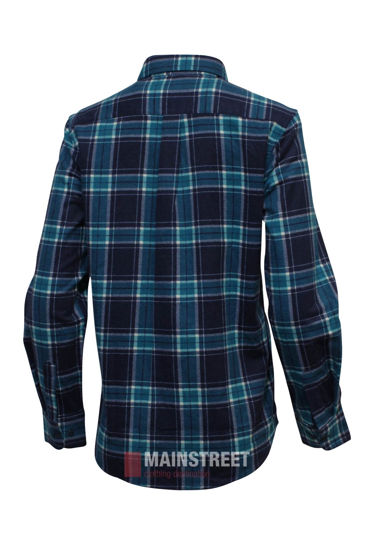 A long-sleeved Milton Ladies Flannelette shirt with a blue, green, and white plaid pattern, shown from the back. Crafted from high-quality cotton, it features a collar and buttoned cuffs.