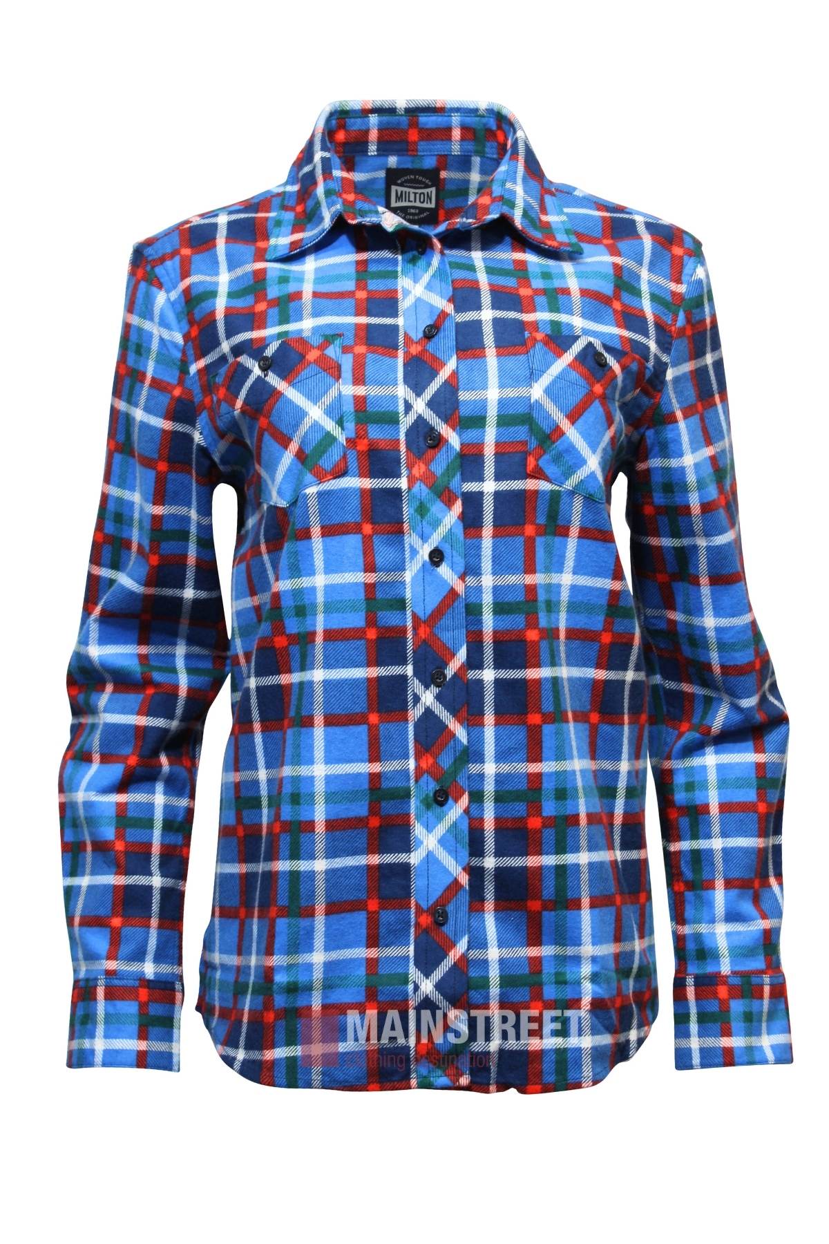 The Milton Ladies Flannelette Shirt features a blue, red, green, and white plaid design with two chest pockets and a collar. Made from high-quality cotton for comfort and available in ladies sizing.