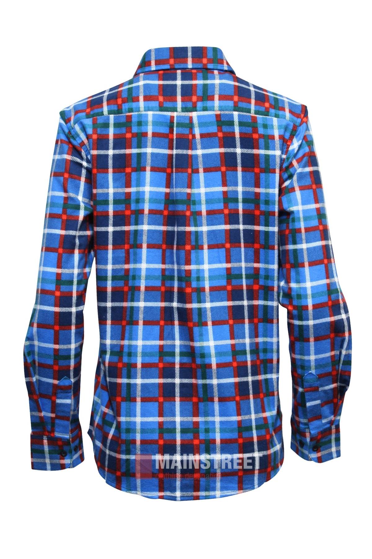 The Milton Ladies Flannelette Shirt is shown from the back in blue, red, green, and white plaid. Made from high quality cotton, it features a collar, buttoned cuffs, and is designed for women.