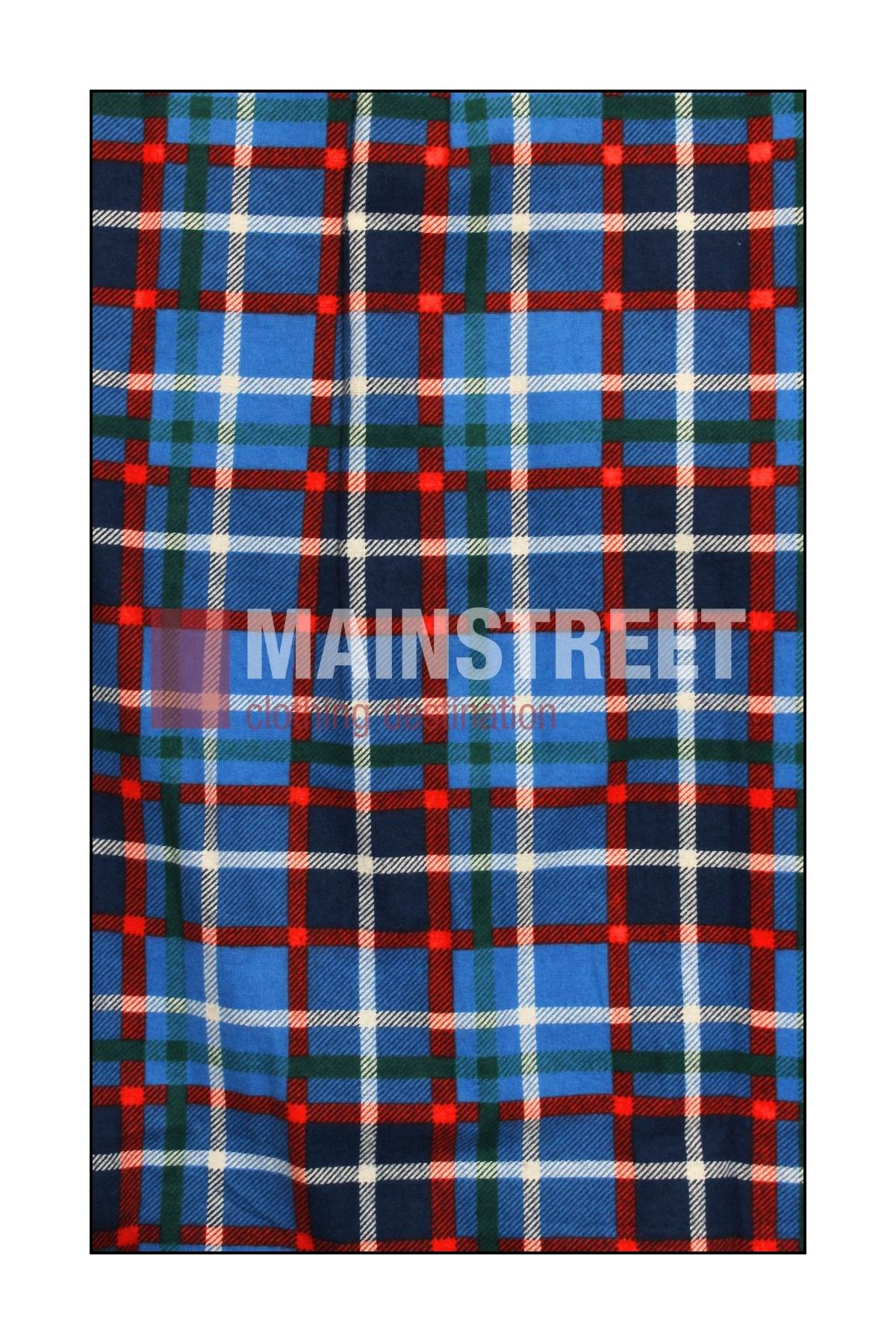 A close-up of a colorful tartan fabric from Milton Ladies Flannelette Shirts shows intersecting red, blue, green, white, and black stripes on high-quality cotton. The "MAINSTRETT" watermark appears across the center.