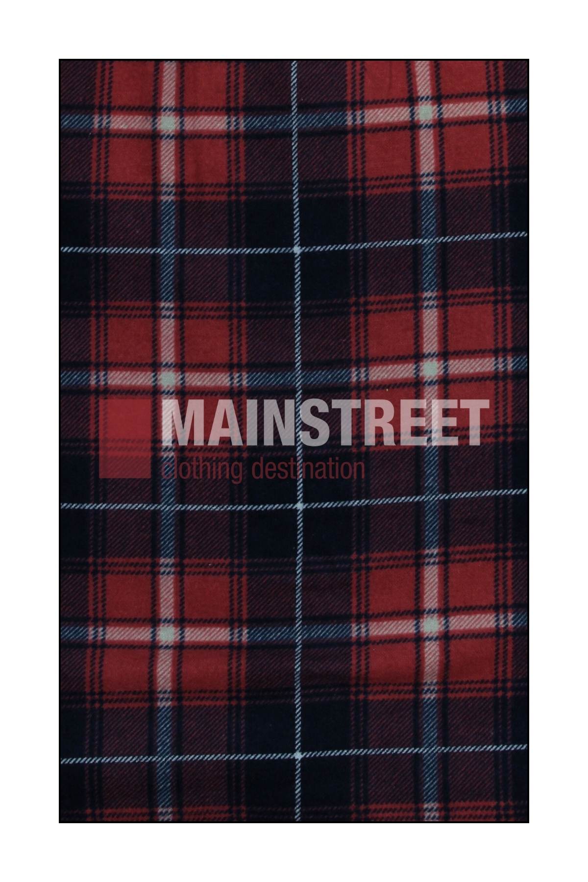 The Milton Ladies Flannelette Shirts feature a red and black tartan plaid pattern with thin white and blue lines, and "MAINSTREET clothing destination" is printed boldly across the center in transparent letters.