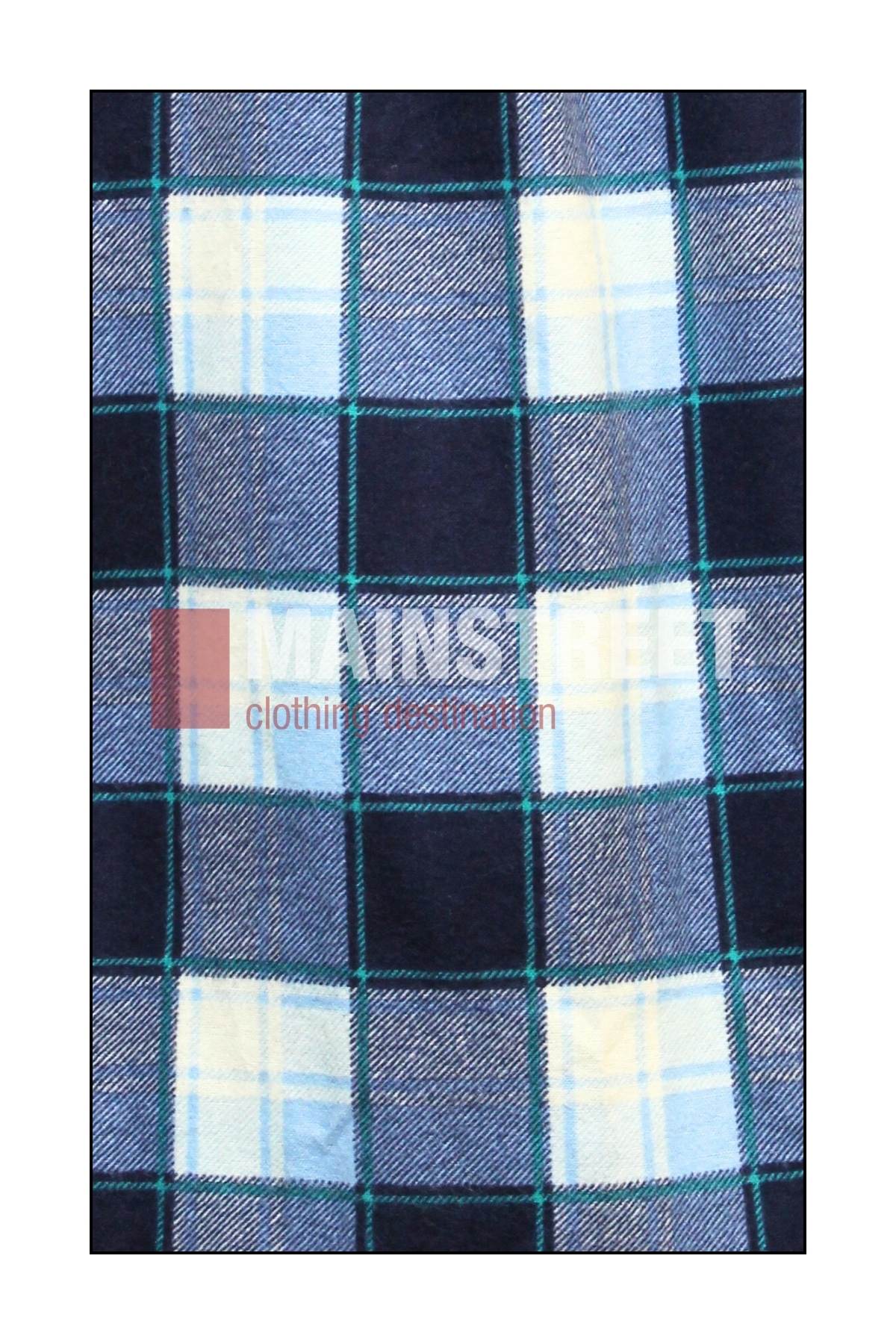 Blue and black tartan plaid fabric with white, light blue, and green lines. Made from high quality cotton, perfect for Milton Ladies Flannelette Shirts. "MAINSTREET clothing co. inc." watermark appears across the center.