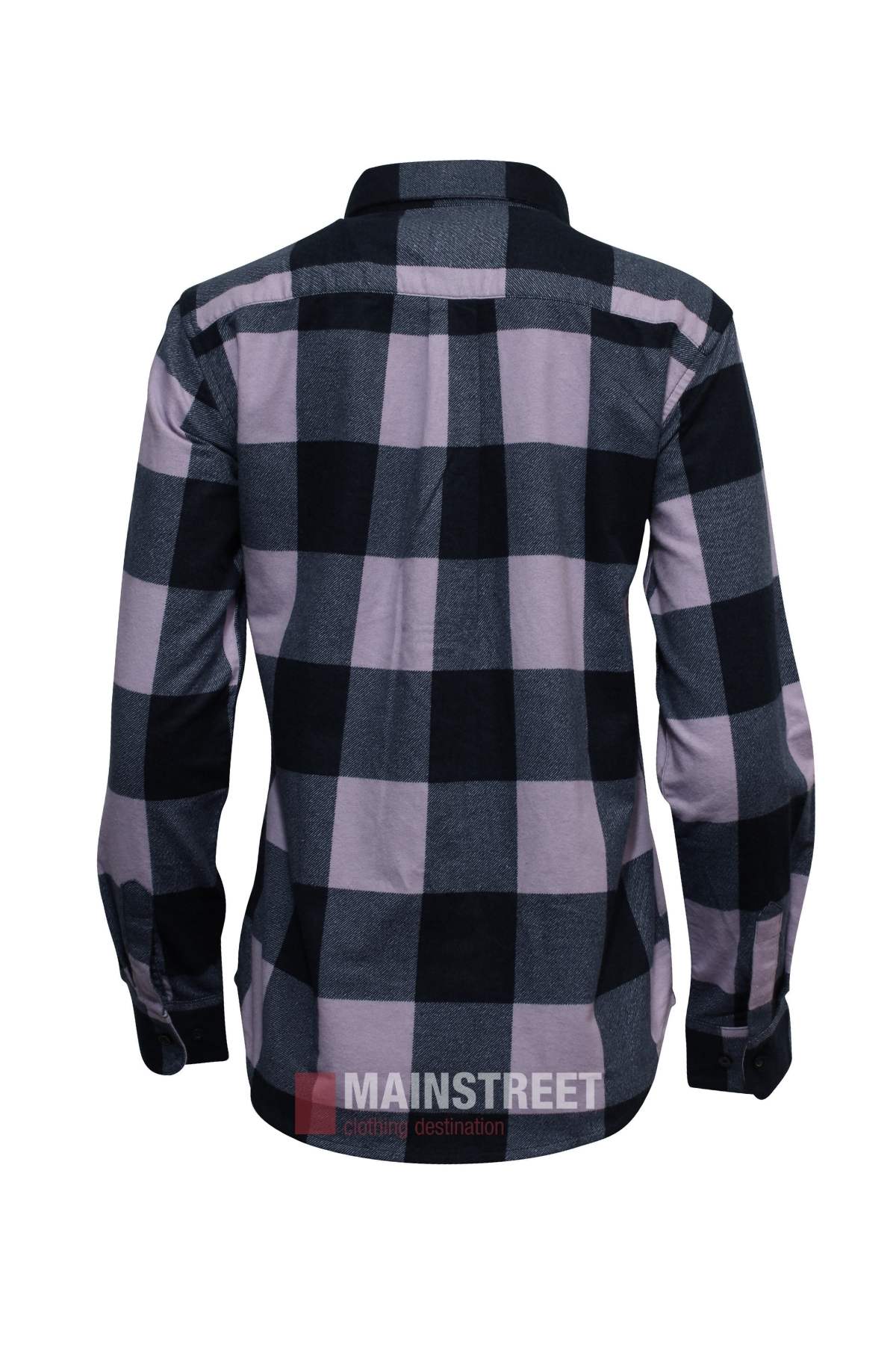 A Milton Ladies Flannelette Shirt with long sleeves and button-up front, featuring a large black and light purple plaid pattern, shown from the back against a white background.