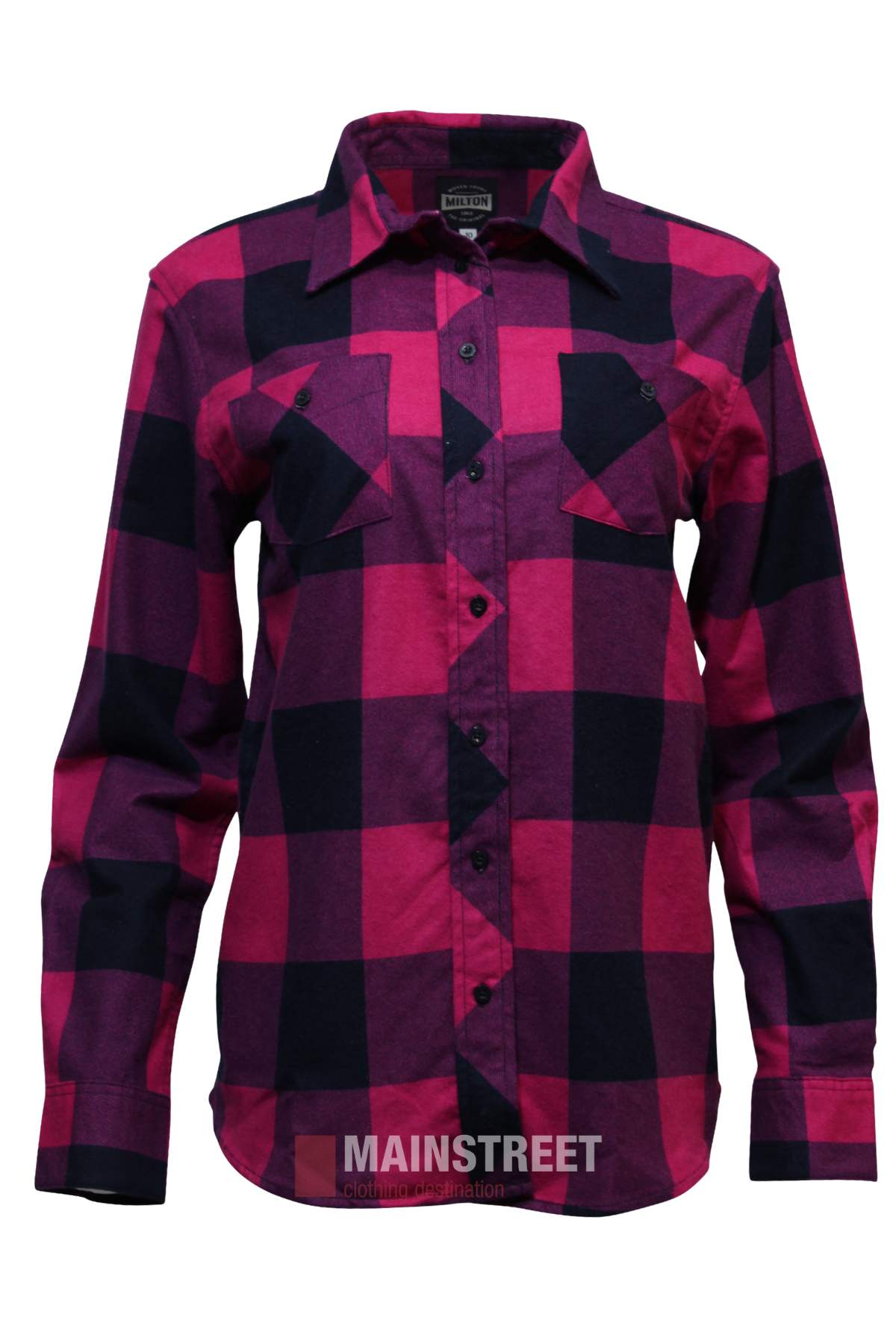 The Milton Ladies Flannelette Shirt features magenta and black checks, long sleeves, a button-up front, two chest pockets, and high quality cotton. Designed in ladies sizing for a perfect fit.