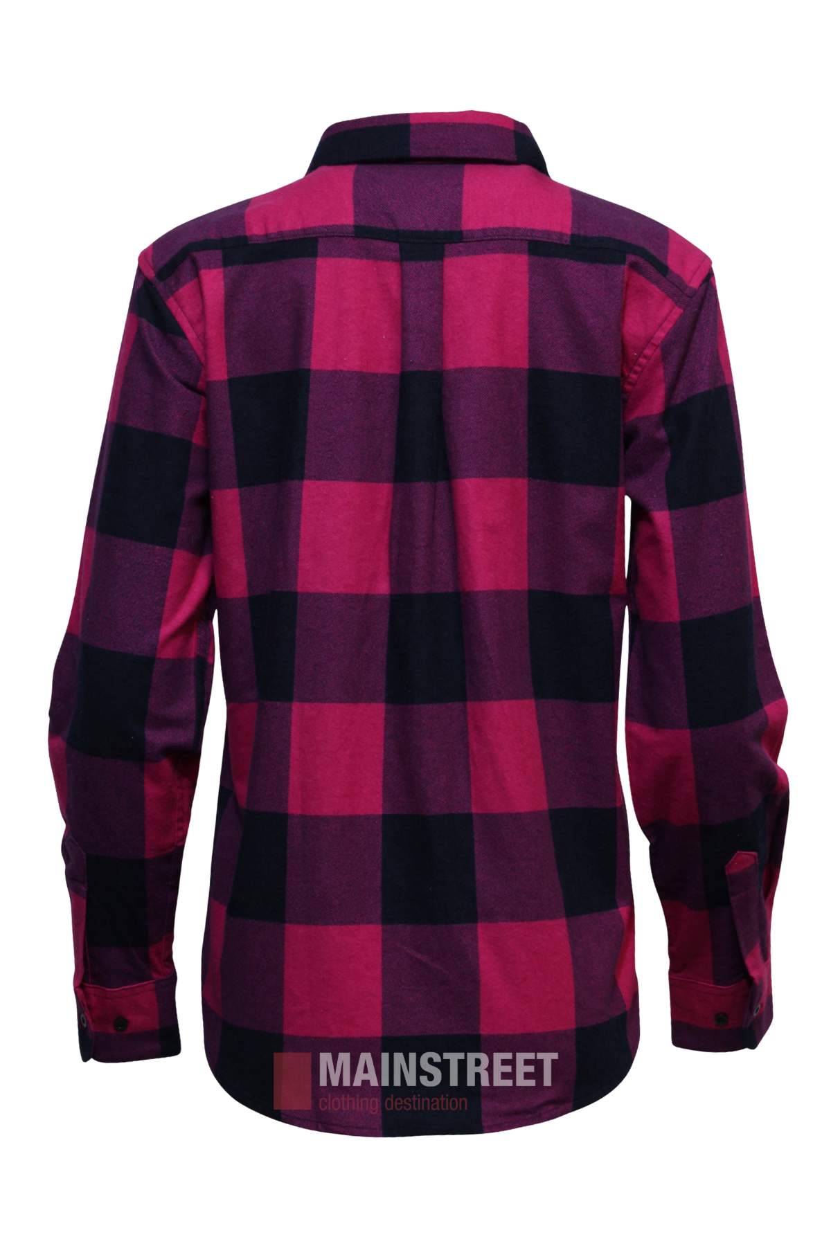 The Milton Ladies Flannelette Shirt features a large red and black checkered pattern, long sleeves, button-up front, and is made from high-quality cotton. Shown from the back and available in ladies’ sizes.
