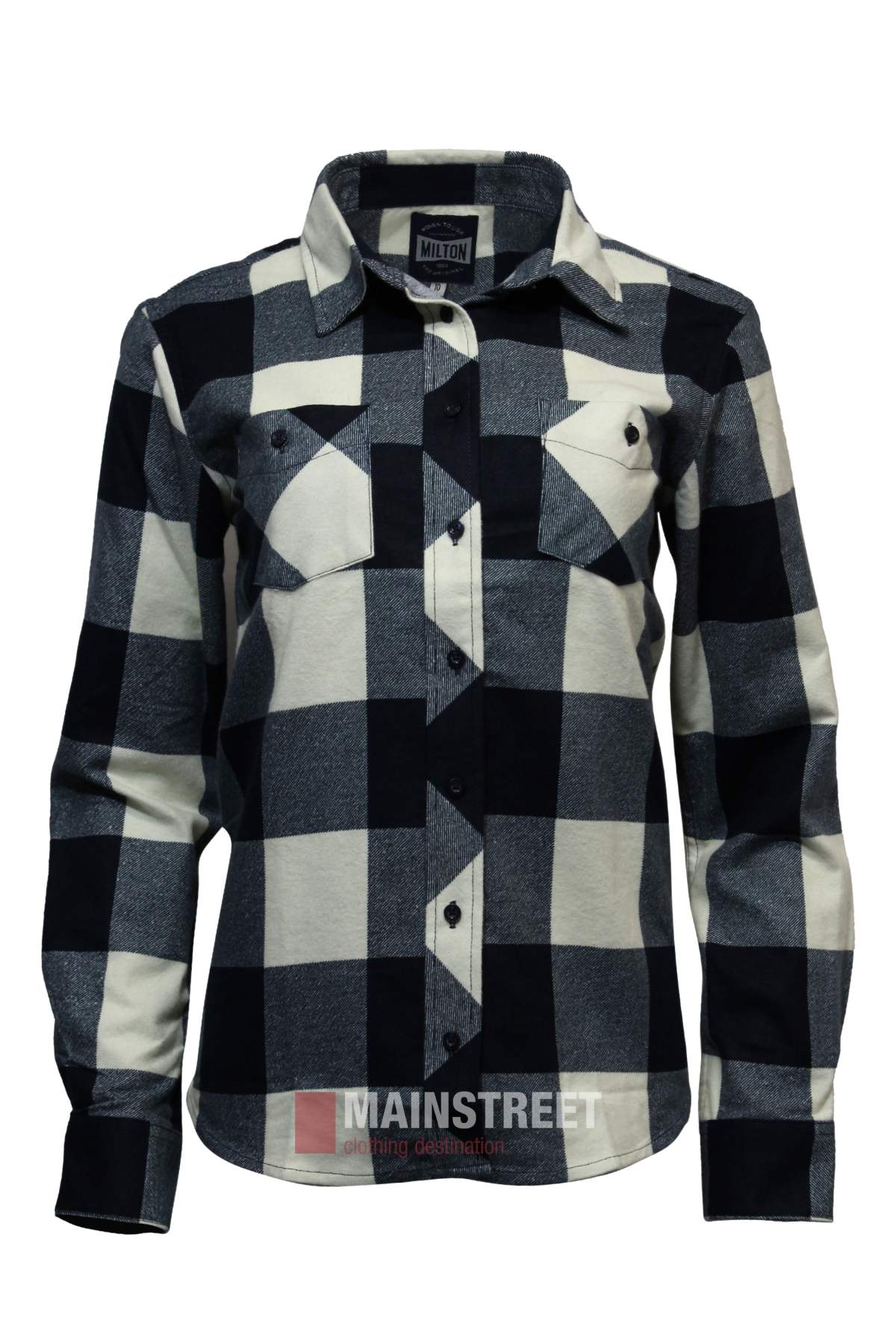 The Milton Ladies Flannelette Shirt features long sleeves, a button-up front, two chest pockets, and a black and white check plaid pattern. Made from high-quality cotton for ladies, shown on a plain white background.