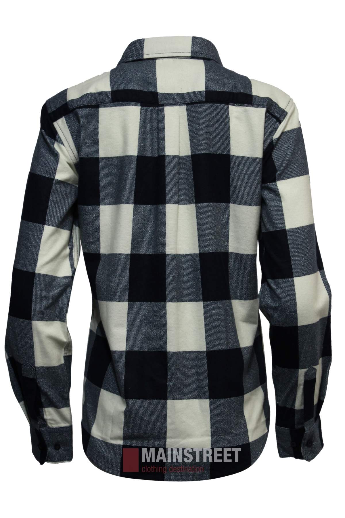 The Milton Ladies Flannelette Shirt features a black and white checkered pattern, long sleeves with buttoned cuffs, is crafted from high-quality cotton, and is available in ladies sizing.