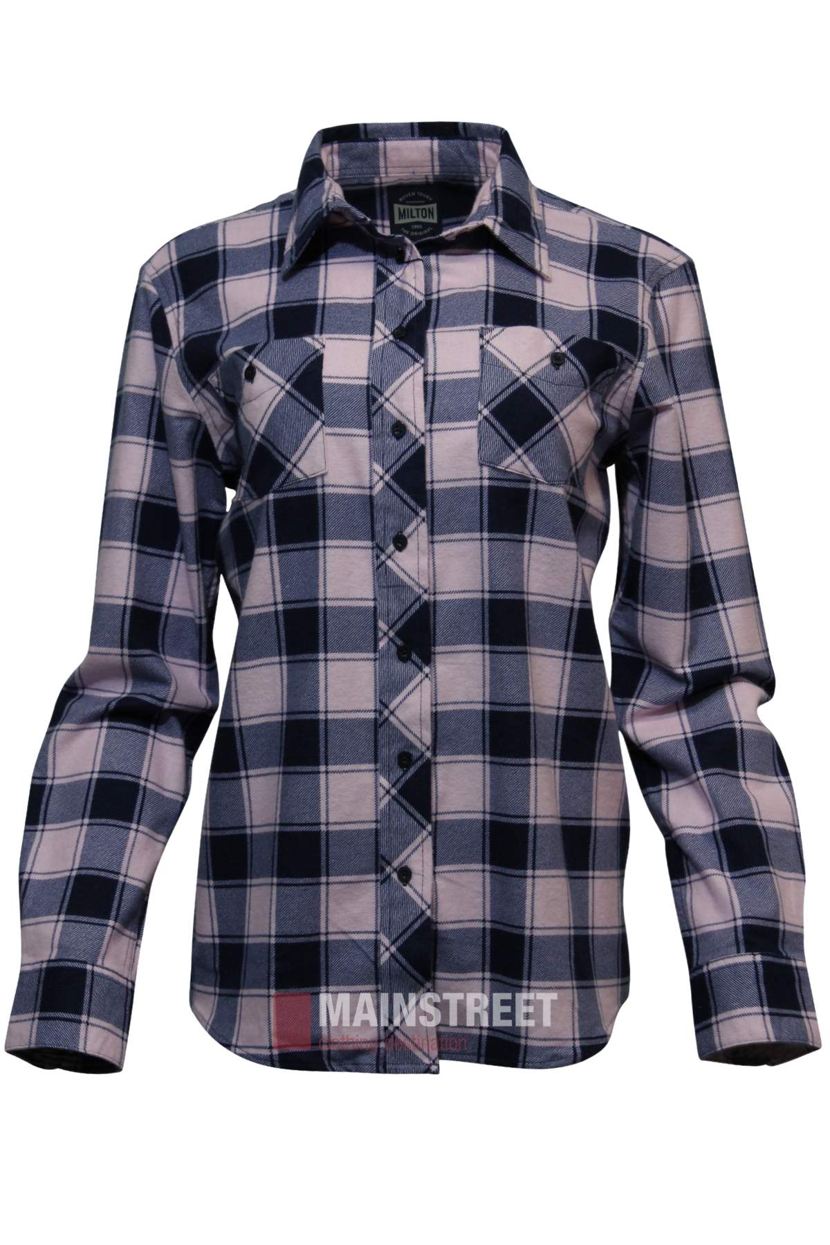 The Milton Ladies Flannelette Shirt is a 100% cotton, long-sleeve button-up with blue, white, and pink plaid, two chest pockets, and a collar. It’s displayed on a white background.