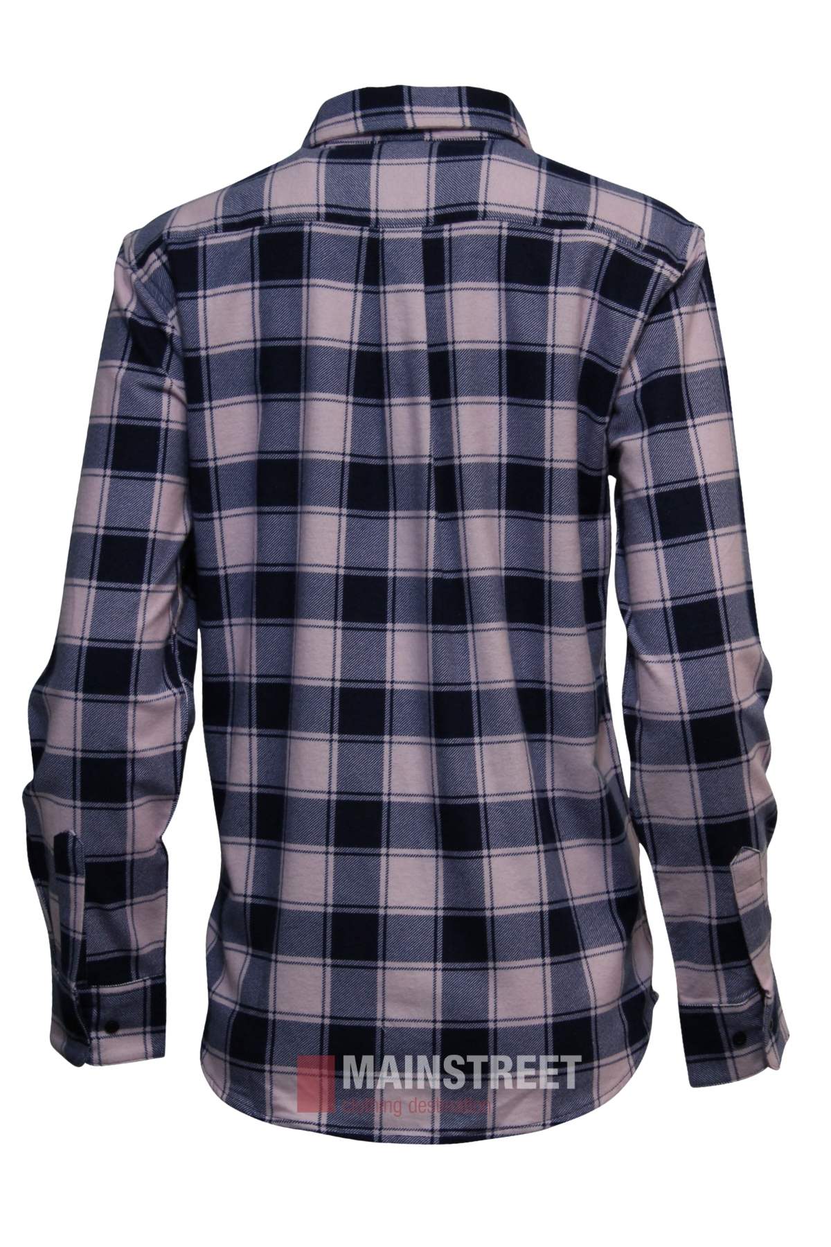 The Milton Ladies Flannelette Shirt is a long-sleeved, button-up made from 100% cotton with a navy blue, white, and light pink plaid pattern, shown from the back.