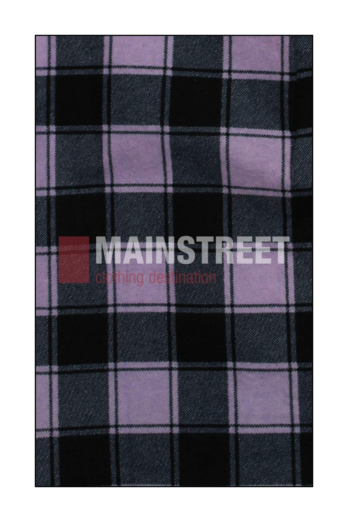 A close-up of the purple and black plaid fabric from a 100% cotton Milton Ladies Flannelette Shirt, with "MAINSTREET clothing destination" text overlaid in white and red.