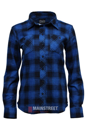The Milton Ladies Flannelette Shirt is a blue and black plaid, long-sleeved, button-up shirt with two chest pockets and a collar. Made from high quality cotton in ladies sizing, it's shown on a white background.