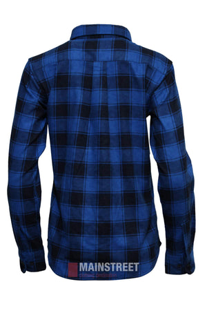 A blue and black plaid Milton Ladies Flannelette Shirt, shown from the back with a collar and buttoned cuffs, made of high quality cotton. The MAINSTREET logo appears at the image’s bottom.