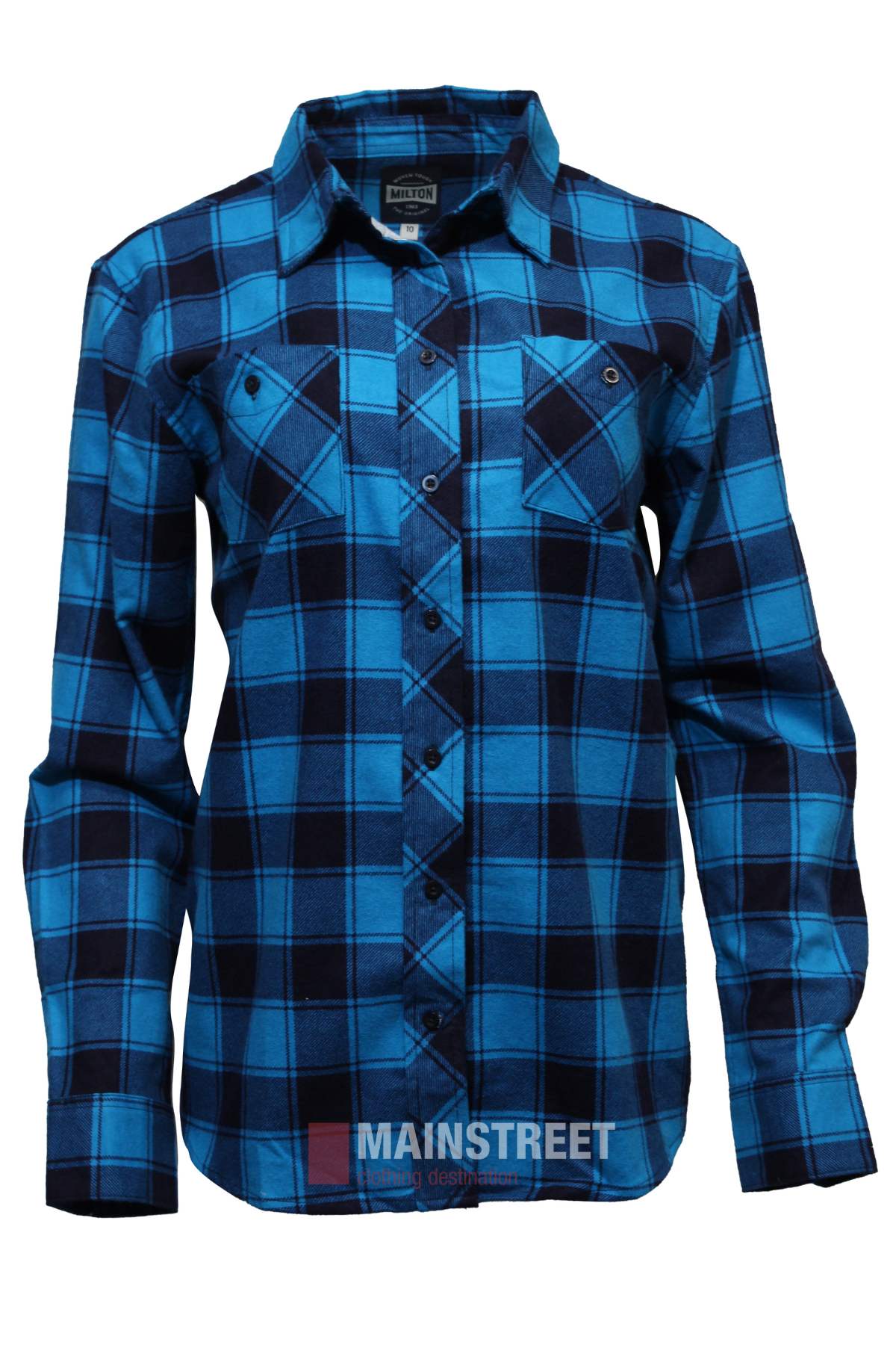 The Milton Ladies Flannelette Shirt is a long-sleeved, button-up top with blue and black plaid, two chest pockets, made from high-quality cotton and shown on a white background.