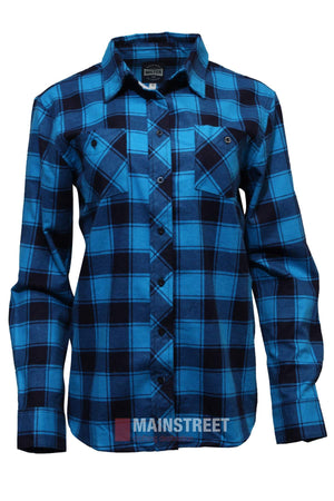 The Milton Ladies Flannelette Shirt is a long-sleeved, button-up top with blue and black plaid, two chest pockets, made from high-quality cotton and shown on a white background.