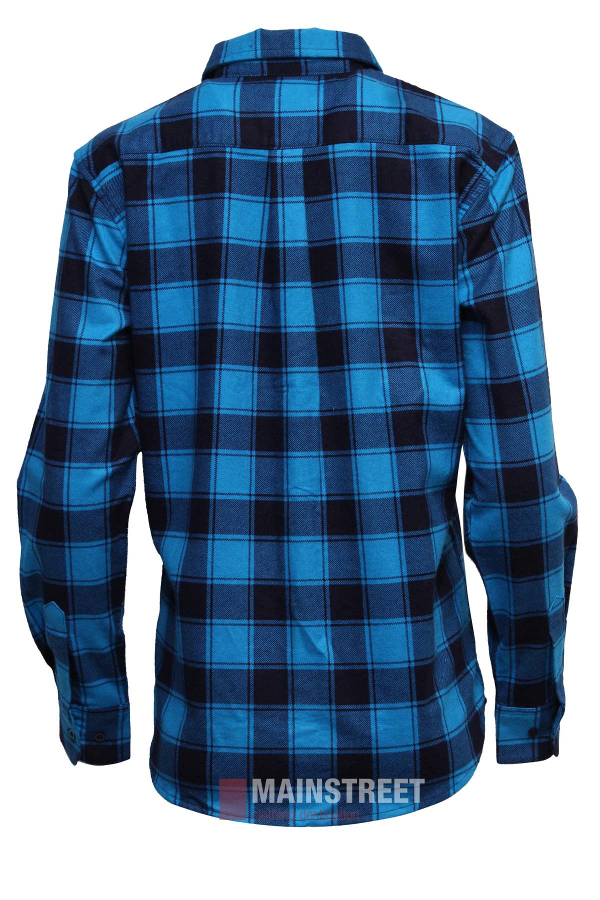 The image shows the back of a blue and black plaid Milton Ladies Flannelette Shirt, featuring long sleeves, a collar, buttoned cuffs, and high-quality cotton. "MAINSTREET" is visible near the bottom center of the image.