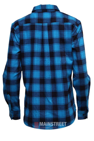 The image shows the back of a blue and black plaid Milton Ladies Flannelette Shirt, featuring long sleeves, a collar, buttoned cuffs, and high-quality cotton. "MAINSTREET" is visible near the bottom center of the image.