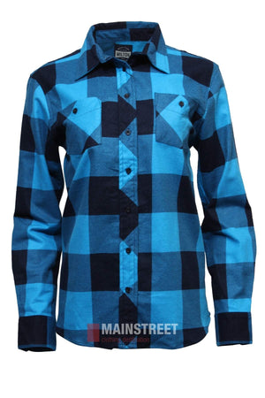 The Milton Ladies Flannelette Shirt features long sleeves, button-up front, blue and black checks, two chest pockets, and a collar. Made from quality cotton. Displayed on a white background. Ladies sizing available.