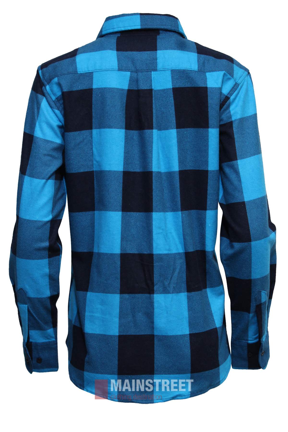 A blue and black checkered Milton Ladies Flannelette Shirt shown from the back, featuring long sleeves, buttoned cuffs, a collar, quality cotton fabric, and a "MAINSTREET" logo near the hem.