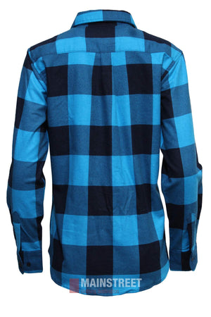 A blue and black checkered Milton Ladies Flannelette Shirt shown from the back, featuring long sleeves, buttoned cuffs, a collar, quality cotton fabric, and a "MAINSTREET" logo near the hem.