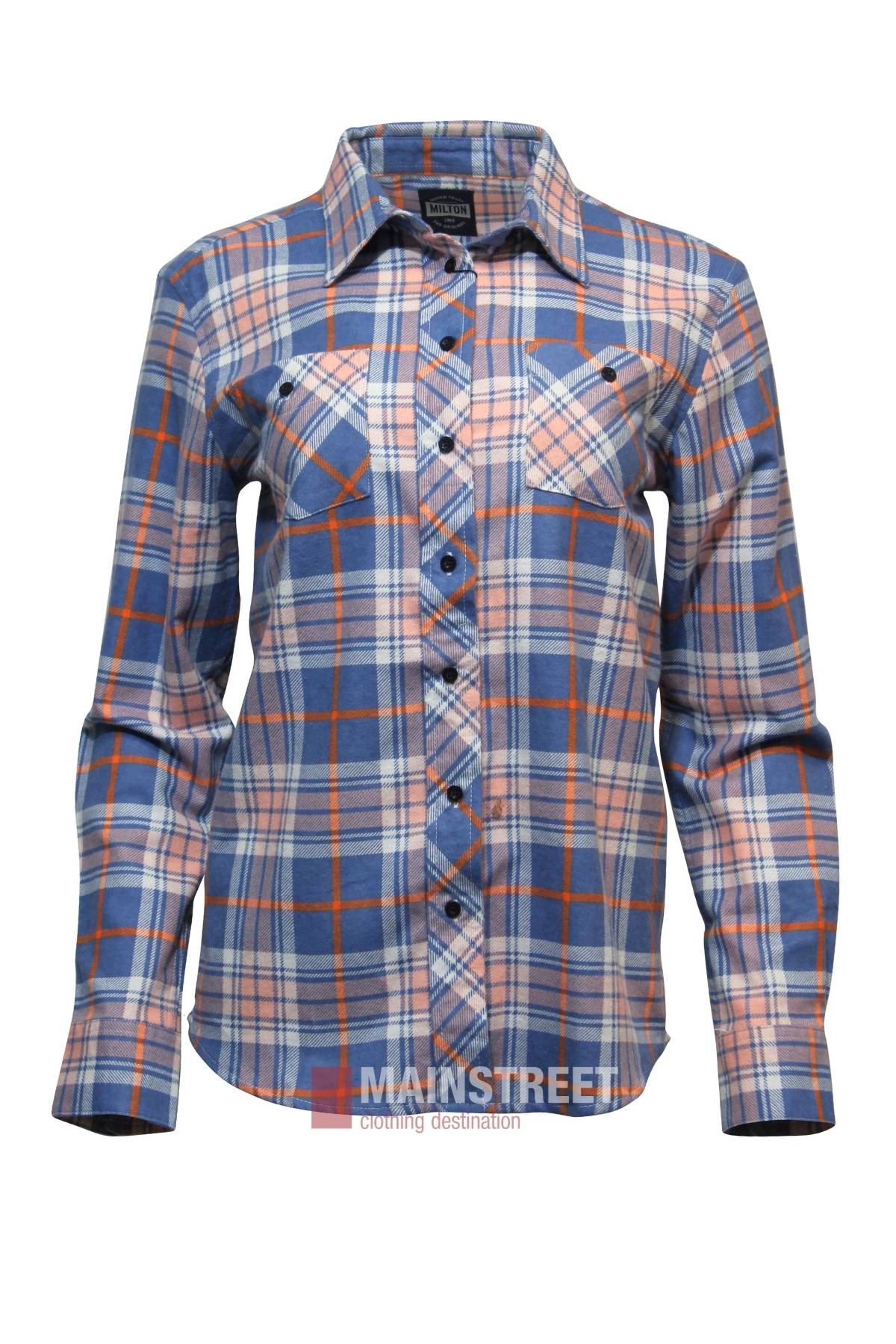 The Milton Ladies Flannelette Shirt features blue, white, and orange plaid in high-quality cotton, with long sleeves, button-up front, and chest pockets with button-down flaps, shown on a plain white background.