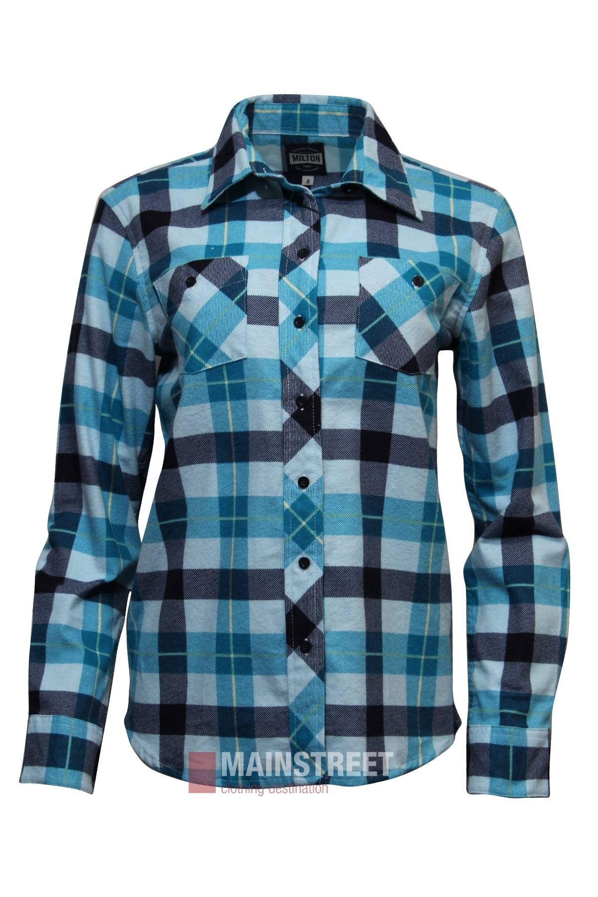 The Milton Ladies Flannelette Shirt, shown on a plain white background, features a blue, black, and white plaid design with long sleeves, double chest pockets, and is crafted from high quality cotton.