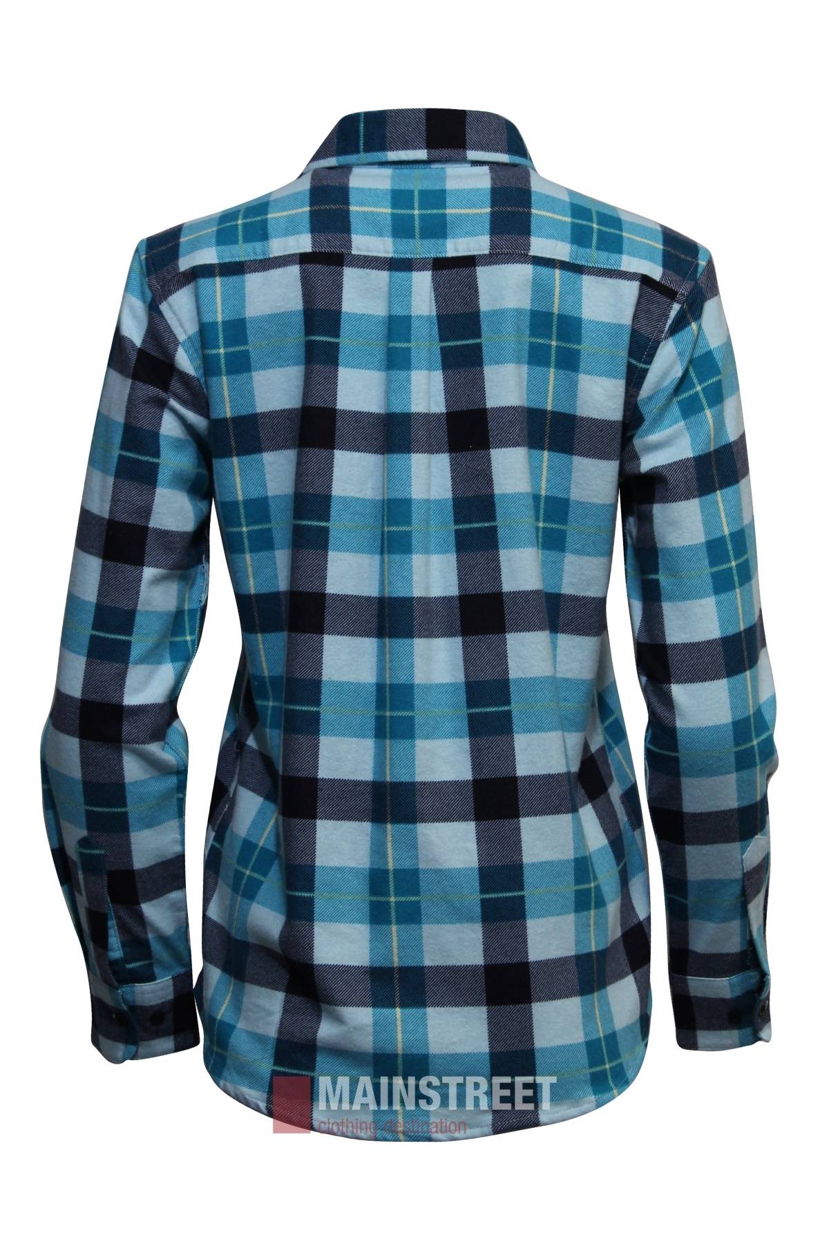 The Milton Ladies Flannelette Shirt features a blue, black, and white plaid pattern. Shown from the back, it highlights the collar, cuffs, and yoke. Made from high-quality cotton for comfort and style.