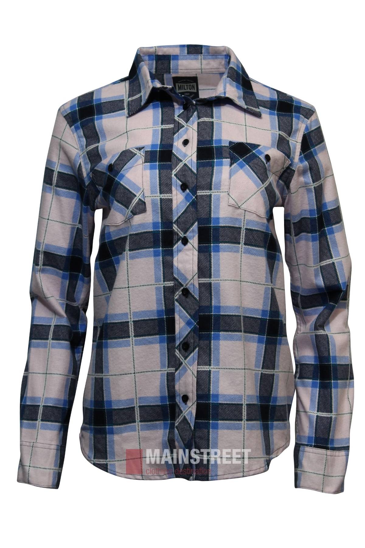 The Milton Ladies Flannelette Shirt is a high-quality cotton, long-sleeved, button-up plaid shirt with blue, black, and white checks. It features double pockets, a collar, and the "Milton" brand label inside the collar.