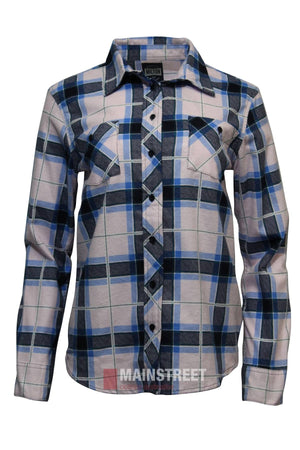 The Milton Ladies Flannelette Shirt is a high-quality cotton, long-sleeved, button-up plaid shirt with blue, black, and white checks. It features double pockets, a collar, and the "Milton" brand label inside the collar.