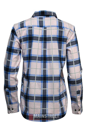 The Milton Ladies Flannelette Shirt in blue, black, white, and light pink plaid is shown from the back. Made of high-quality cotton, it features a collar, buttoned cuffs, and "MAINSTREET" on the bottom hem.