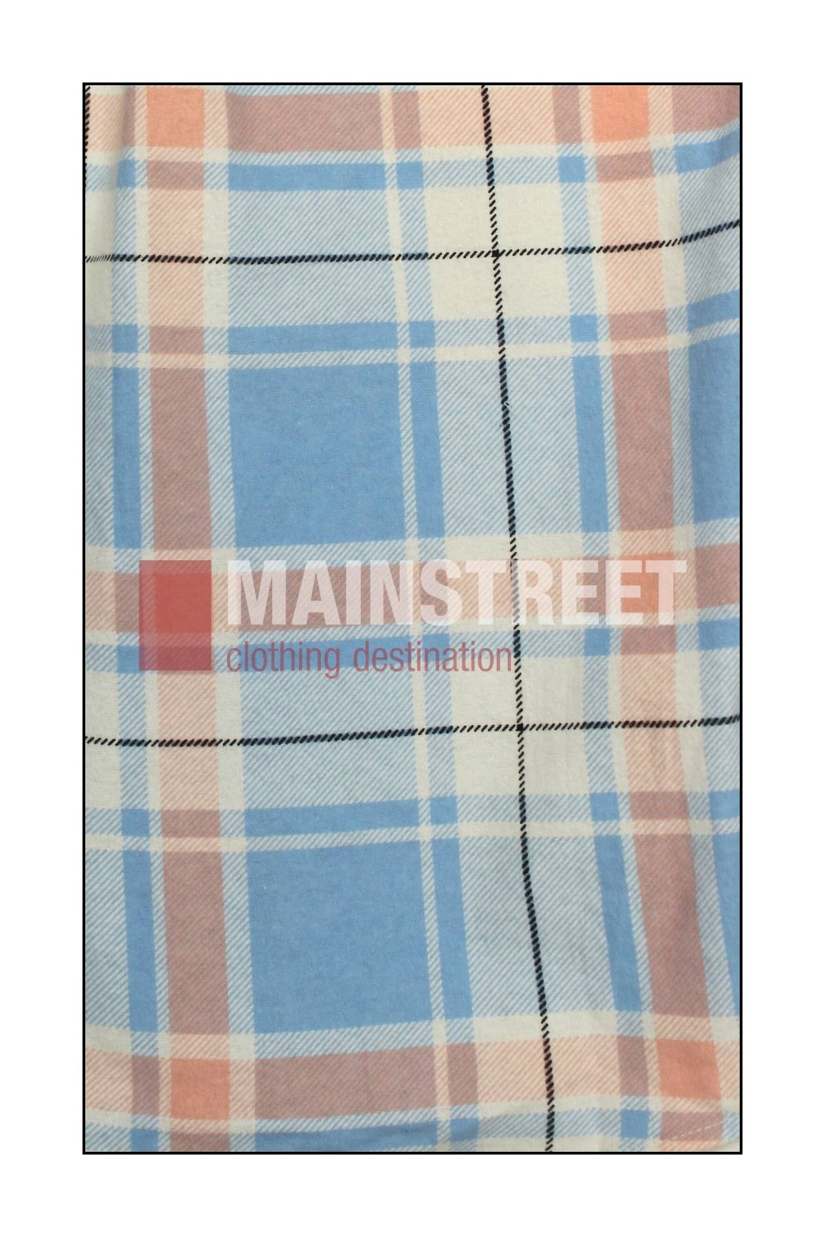 A close-up of plaid fabric in blue, peach, white, and beige stripes from Milton Ladies Flannelette Shirts. "MAINSTREET clothing destination" appears in white and red text. Crafted from high quality cotton.