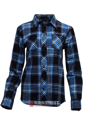 The Milton Ladies Flannelette Shirt is a long-sleeved, button-up shirt in blue, black, and white plaid. Made from high-quality cotton, it features a collar, chest pockets, ladies sizing, and the "Mainstreet" brand at the hem.