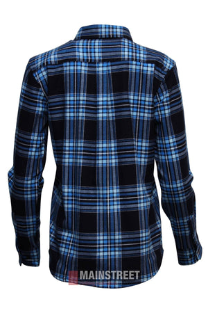 The Milton Ladies Flannelette Shirt is a long-sleeved, button-up shirt in blue, white, and black plaid. Made from high quality cotton for softness and comfort, it features ladies sizing, a collar, and is shown from the back.