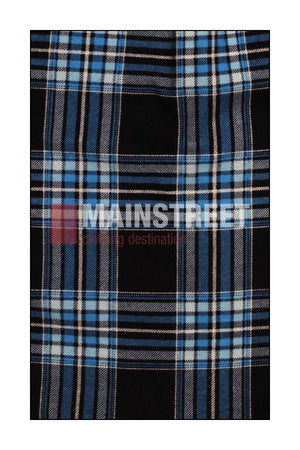 A close-up of black cotton fabric with a blue and white plaid pattern, featuring "MAINSTREET clothing destination" faintly across the center, evokes the classic style of Milton Ladies Flannelette Shirts.