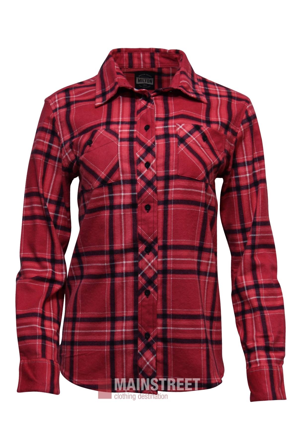 Milton Ladies Flannelette Shirt: red and black plaid, long-sleeve, with two chest pockets and a collar. Made from high-quality cotton, this casual button-up is shown on a white background in ladies sizing.