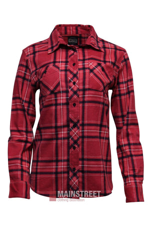 Milton Ladies Flannelette Shirt: red and black plaid, long-sleeve, with two chest pockets and a collar. Made from high-quality cotton, this casual button-up is shown on a white background in ladies sizing.