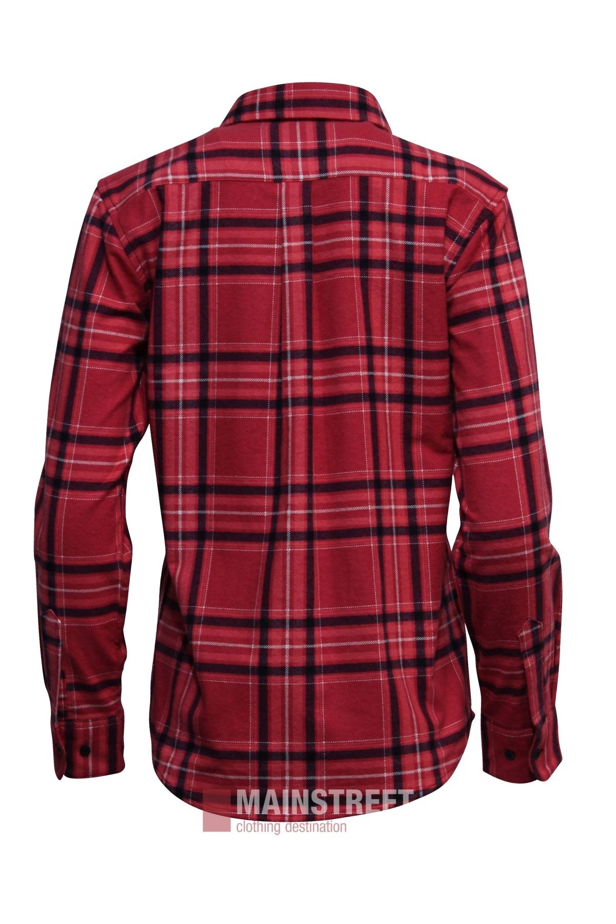 A Milton Ladies Flannelette Shirt in red plaid, shown from the back on a white background. Made of high quality cotton, it features ladies sizing, a classic collar, and "MAINSTREET" at the hem.