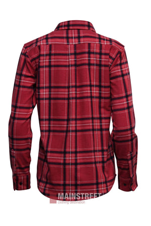A Milton Ladies Flannelette Shirt in red plaid, shown from the back on a white background. Made of high quality cotton, it features ladies sizing, a classic collar, and "MAINSTREET" at the hem.