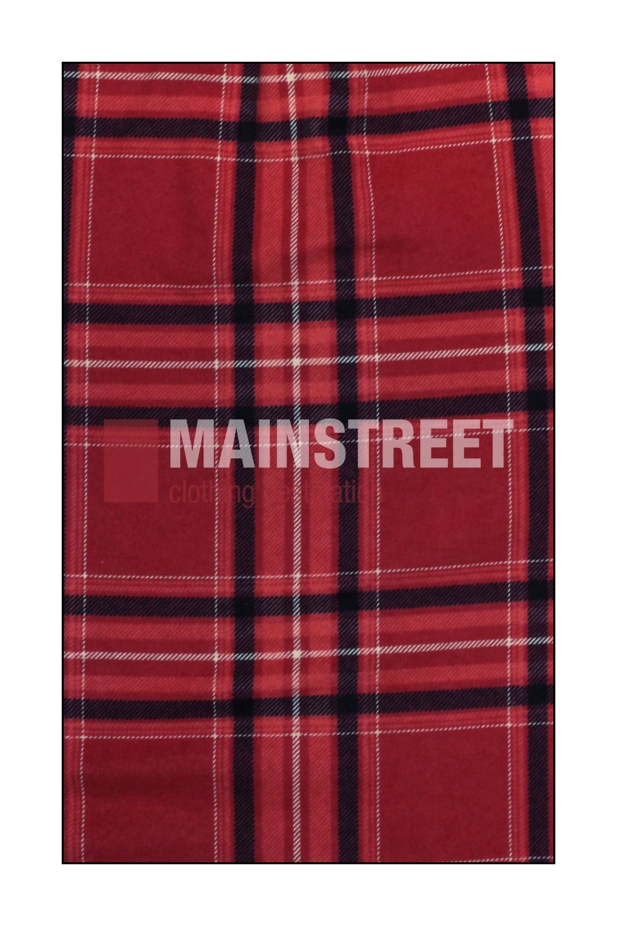 This red tartan flannelette fabric features a black and white plaid pattern with "MAINSTREET" in bold white letters—ideal for Milton Ladies Flannelette Shirts made from high quality cotton.