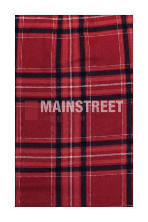This red tartan flannelette fabric features a black and white plaid pattern with "MAINSTREET" in bold white letters—ideal for Milton Ladies Flannelette Shirts made from high quality cotton.