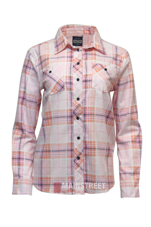 The Milton Ladies Flannelette Shirt is a high-quality cotton, long-sleeve plaid shirt in pink, orange, and white. It features ladies sizing, a collar with black buttons, and two chest pockets.
